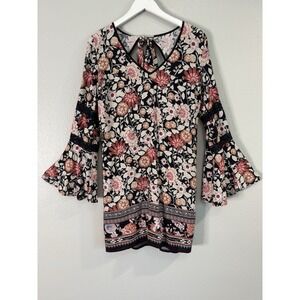 Whimsigoth Boho Floral Bell Sleeve Mini Dress Crochet Lace Trim Tie Back M